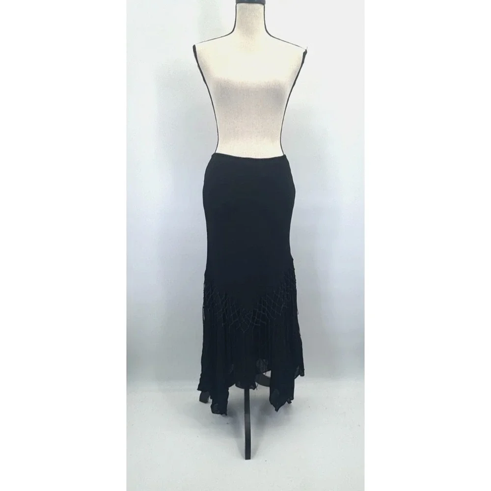 VTG Whimsigoth Dressbarn Lattice Fringe Asymmetrical Maxi Skirt L Dark Cottage